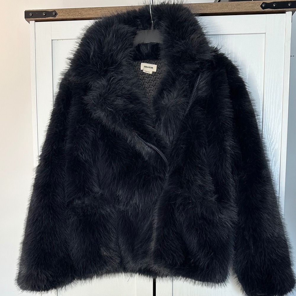 Zadig & Voltaire Freeze Black Faux Mink Fur Jacket Moto Asymmetrical Zip Size S